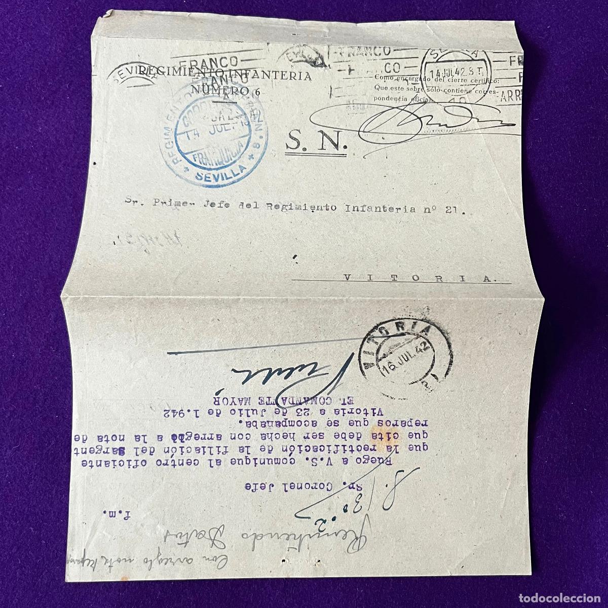Otros Art&iacute;culos de Coleccionismo en Papel: CARTA CON FRANQUICIA DEL REGIMIENTO DE INFANTERIA N&ordm;6 DE SEVILLA. 1942.