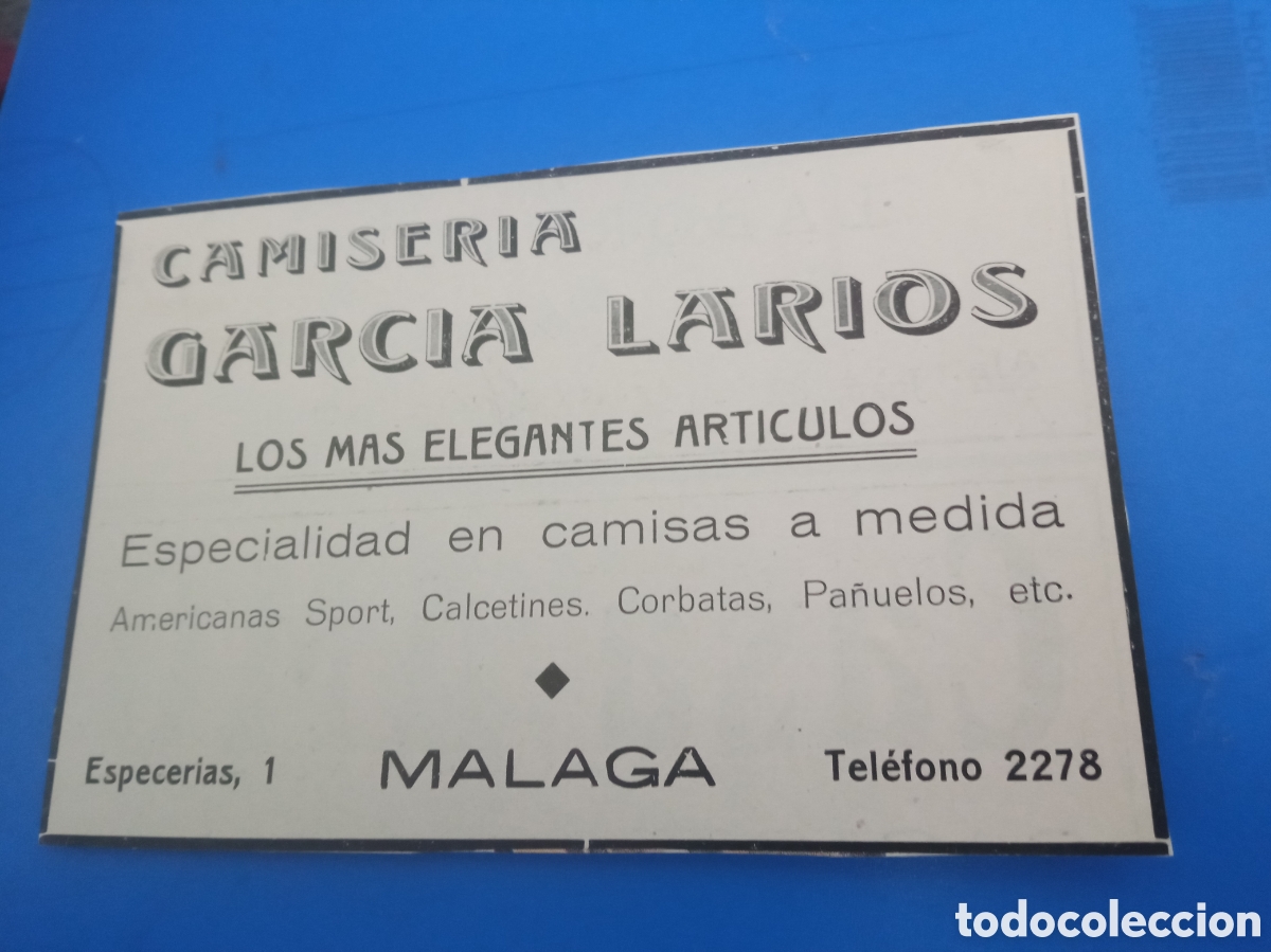 Otros art&iacute;culos de coleccionismo en papel: Antiguo recorte publicidad, Camiseria Garc&iacute;a Larios - M&aacute;laga, mide 13,5x9cm