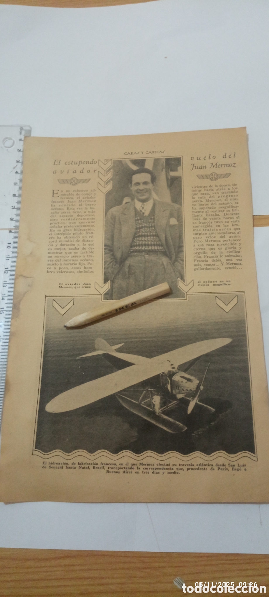 Sammelleidenschaft Andere Papierartikel: A&Ntilde;O 1930 A2 RECORTE JUAN MERMOZ AVIADOR HIDROAVION