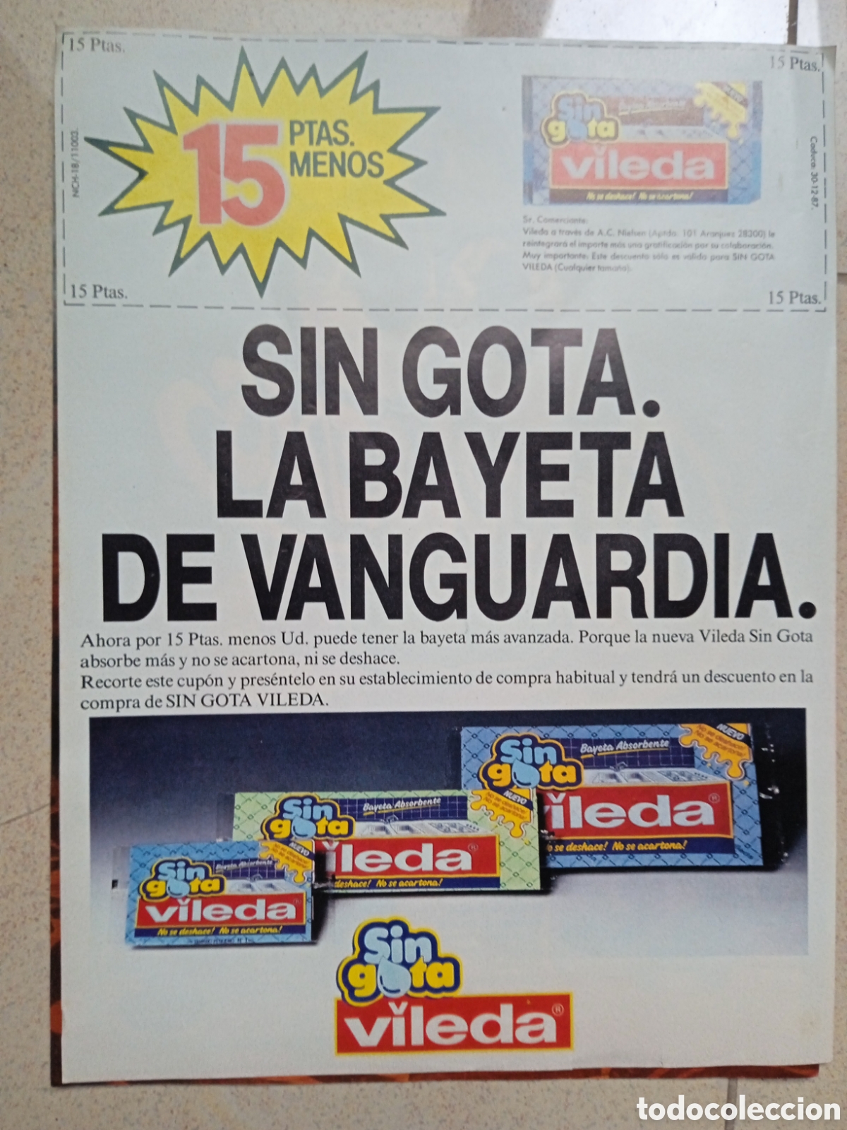 Sammelleidenschaft Andere Papierartikel: Hoja publicidad con cup&oacute;n descuento Bayetas Vileda Sin gota