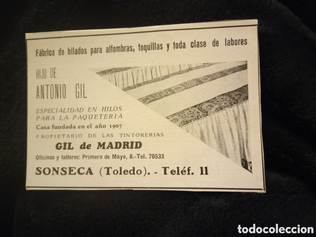 Otros art&iacute;culos de coleccionismo en papel: Antiguo recordatorio publicitario, Hijo de Antonio Gil, Sonseca (Toledo) mide 11,7x8 cm