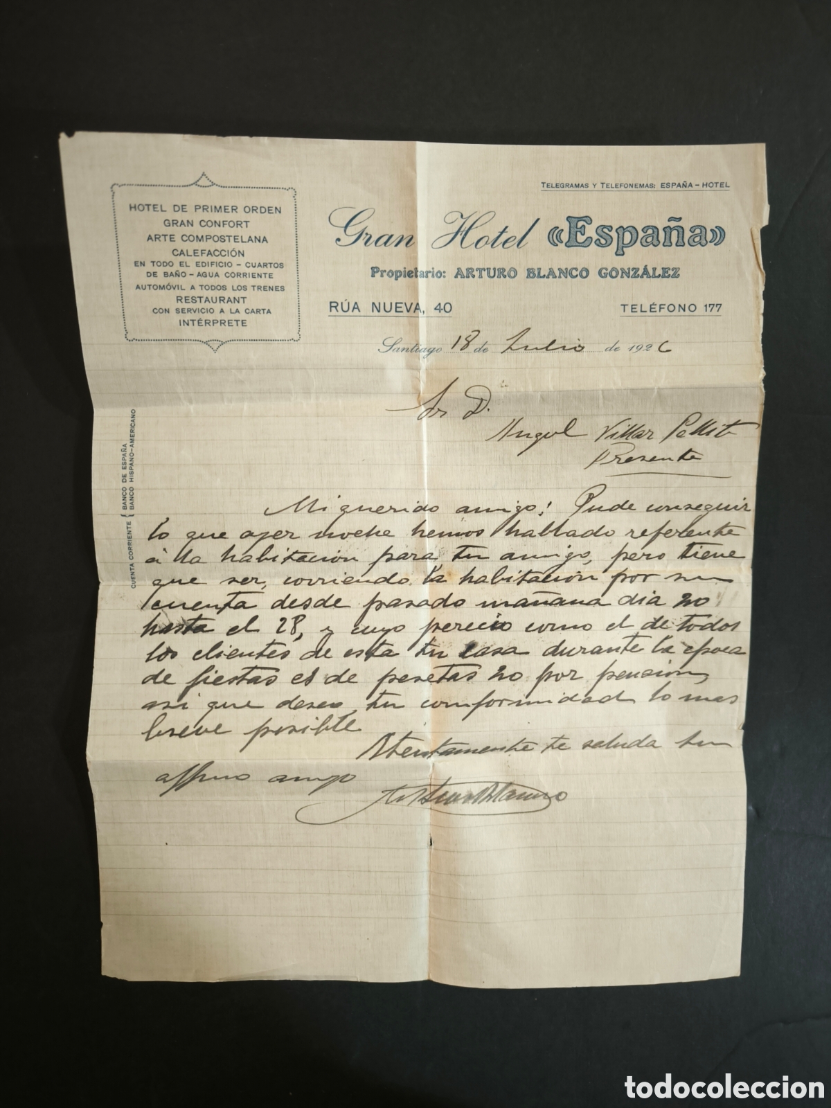 Otros Art&iacute;culos de Coleccionismo en Papel: Carta Gran Hotel Espa&ntilde;a, a&ntilde;o 1926. Santiago de Compostela. Galicia.