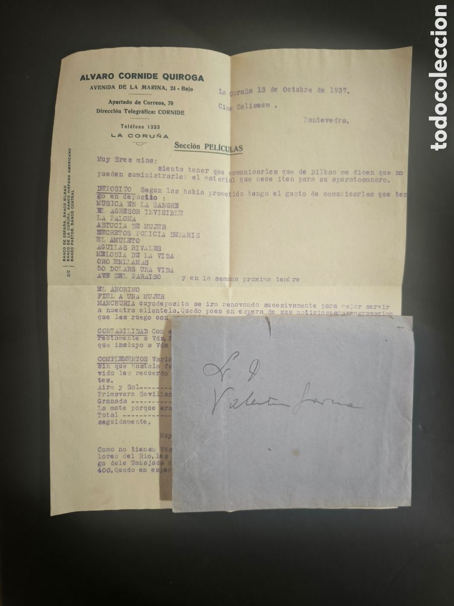 Otros Art&iacute;culos de Coleccionismo en Papel: Carta. &Aacute;lvaro Cornide. Secci&oacute;n pel&iacute;culas. La Coru&ntilde;a, a&ntilde;o 1937. Galicia.