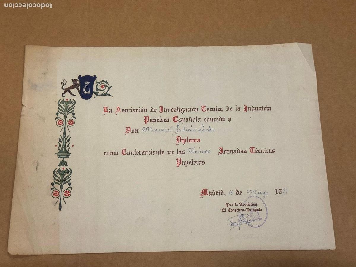 Otros Art&iacute;culos de Coleccionismo en Papel: ASOCIACION DE INVESTIGACION TECNICA DE LA INDUSTRIA PAPELERA ESPA&Ntilde;OLA - DIPLOMA - MADRID -VER FOTOS