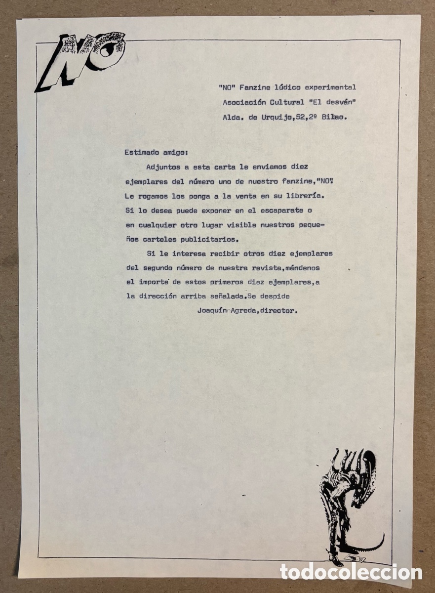 Altri oggetti di carta: NO, EL FANZINE L&Uacute;DICO EXPERIMENTAL (BILBAO 1984). CARTA DE DISTRIBUCI&Oacute;N DEL FANZINE JOAQU&Iacute;N AGREDA