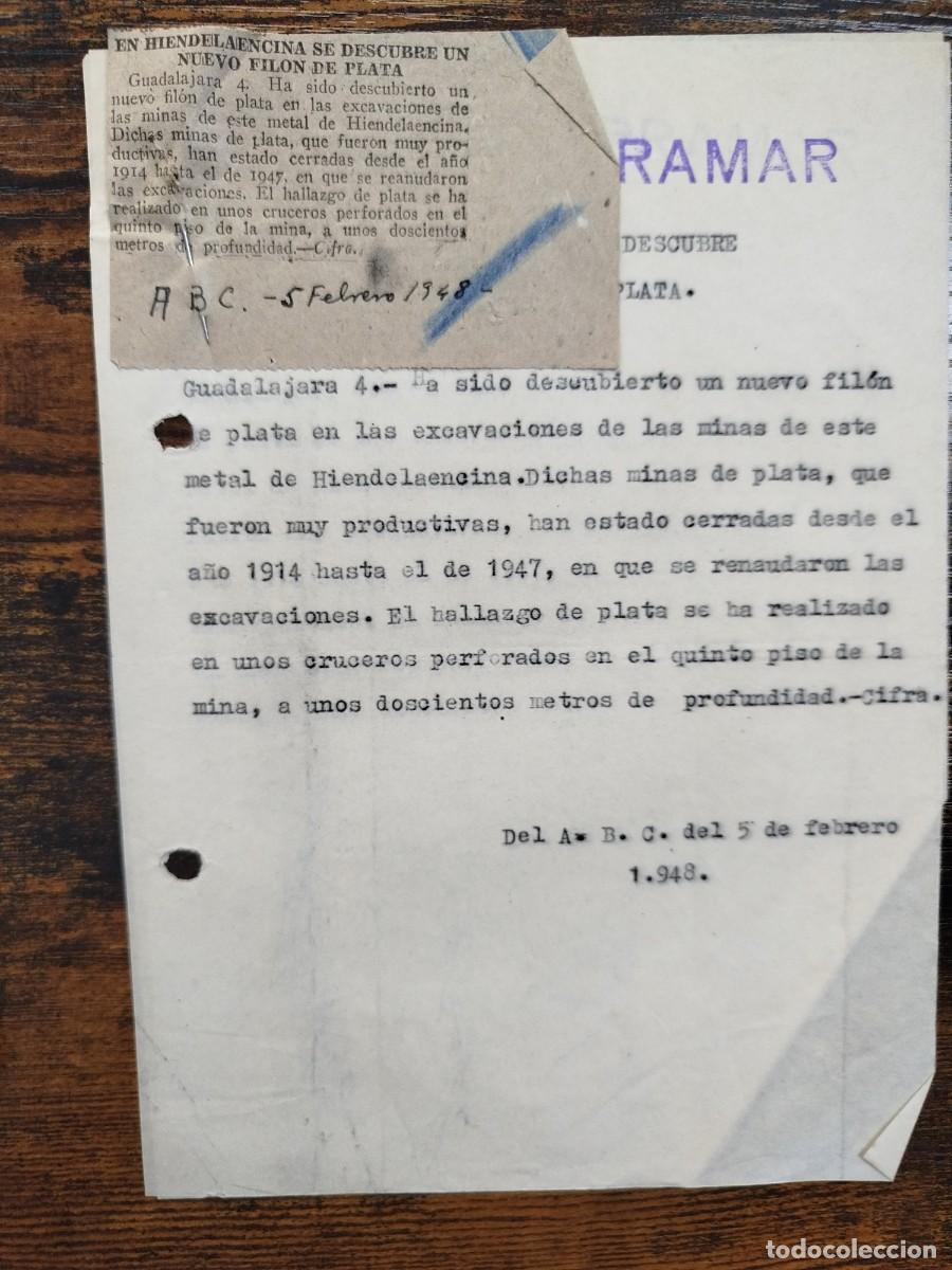 Otros art&iacute;culos de coleccionismo en papel: Extracto de prensa hallazgo minas de plata de Hiendelaencina Guadalajara, 1948