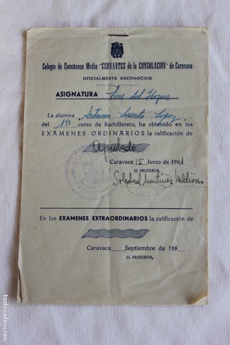 Otros Art&iacute;culos de Coleccionismo en Papel: HOJA DE CALIFICACIONES DEL COLEGIO &rdquo;CERVANTES DE LA CONSOLACION&rdquo; DE CARAVACA MURCIA