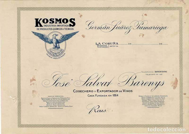 Otros Art&iacute;culos de Coleccionismo en Papel: Membrete comercial Kosmos. Productos Qu&iacute;micos y T&eacute;cnicos. Germ&aacute;n Su&aacute;rez Pumariega. Jos&eacute; Salvat Baren