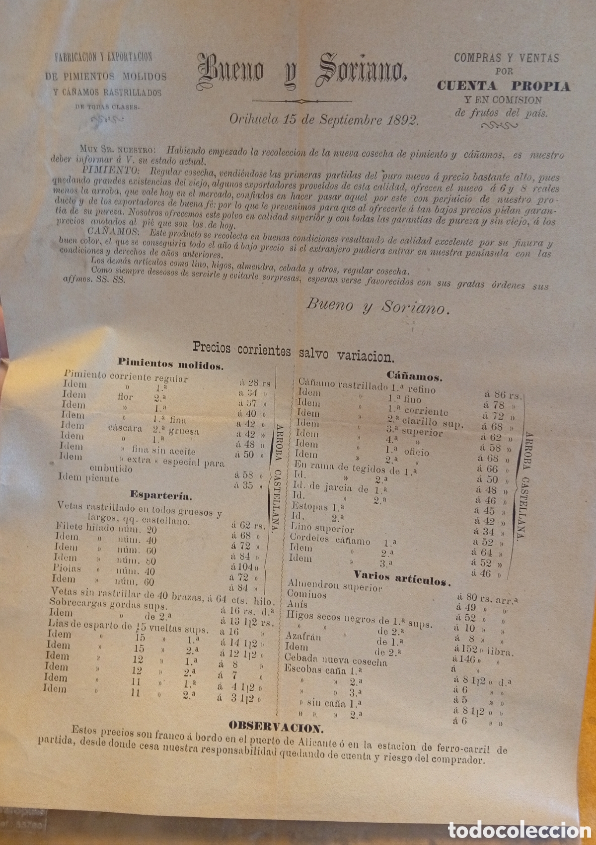 Otros Art&iacute;culos de Coleccionismo en Papel: Orihuela Alicante lista de precios del a&ntilde;o 1892 f&aacute;brica de pimiento molido y ca&ntilde;amos Bueno y Soriano