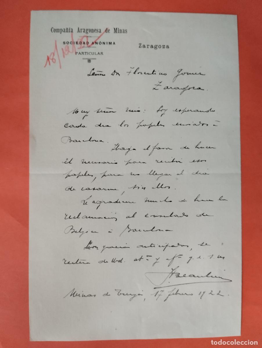 Sammelleidenschaft Andere Papierartikel: ZARAGOZA ARAG&Oacute;N, CARTA 1922. COMPA&Ntilde;IA ARAGONESA DE MINAS.
