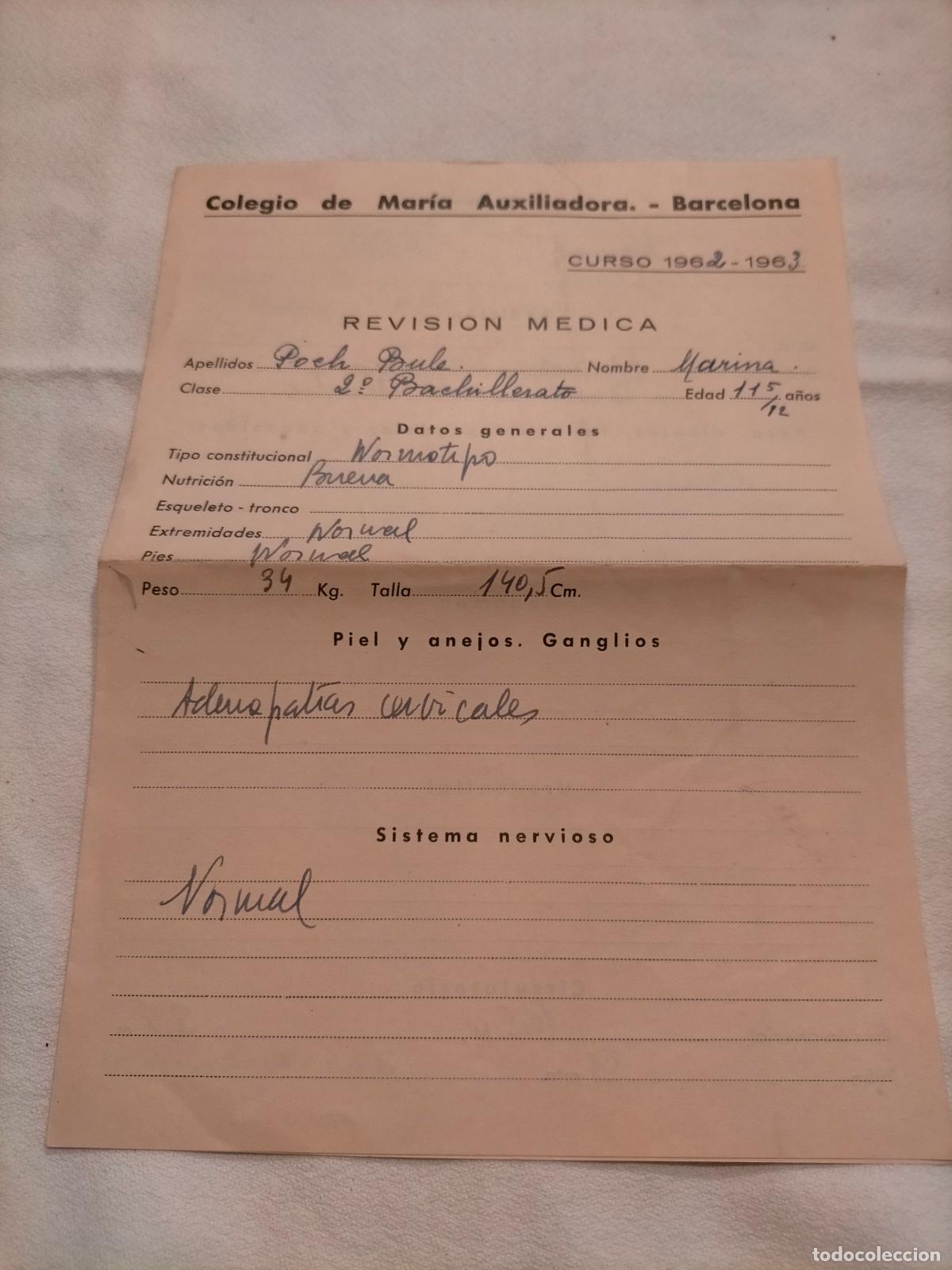 Altri oggetti di carta: Colegio de Mar&iacute;a Auxiliadora Barcelona curso 1962-1963 revisi&oacute;n m&eacute;dica
