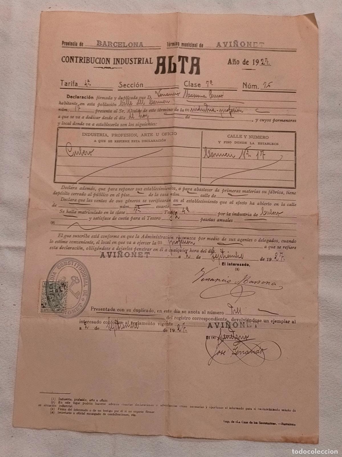 Outros artigos de papel: Contribuci&oacute;n industrial alta a&ntilde;o de 1924 Cubero Avi&ntilde;onet