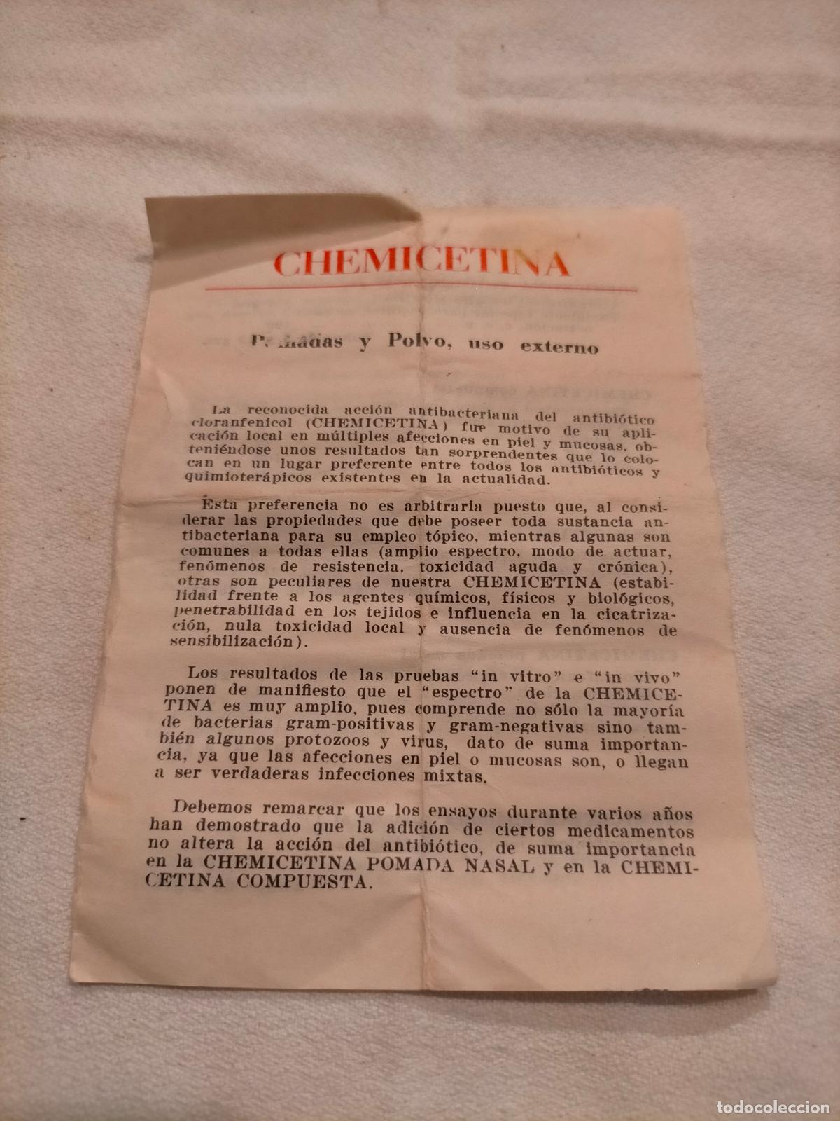 Altri oggetti di carta: Prospecto de medicamento antiguo Chemicetina pastillas y polvo