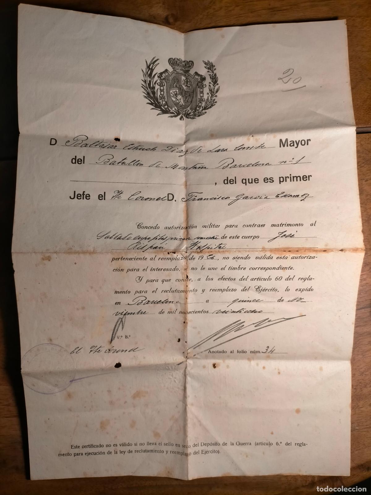 Otros Art&iacute;culos de Coleccionismo en Papel: Batall&oacute;n de Barcelona autorizaci&oacute;n militar para contraer matrimonio a&ntilde;o 1928