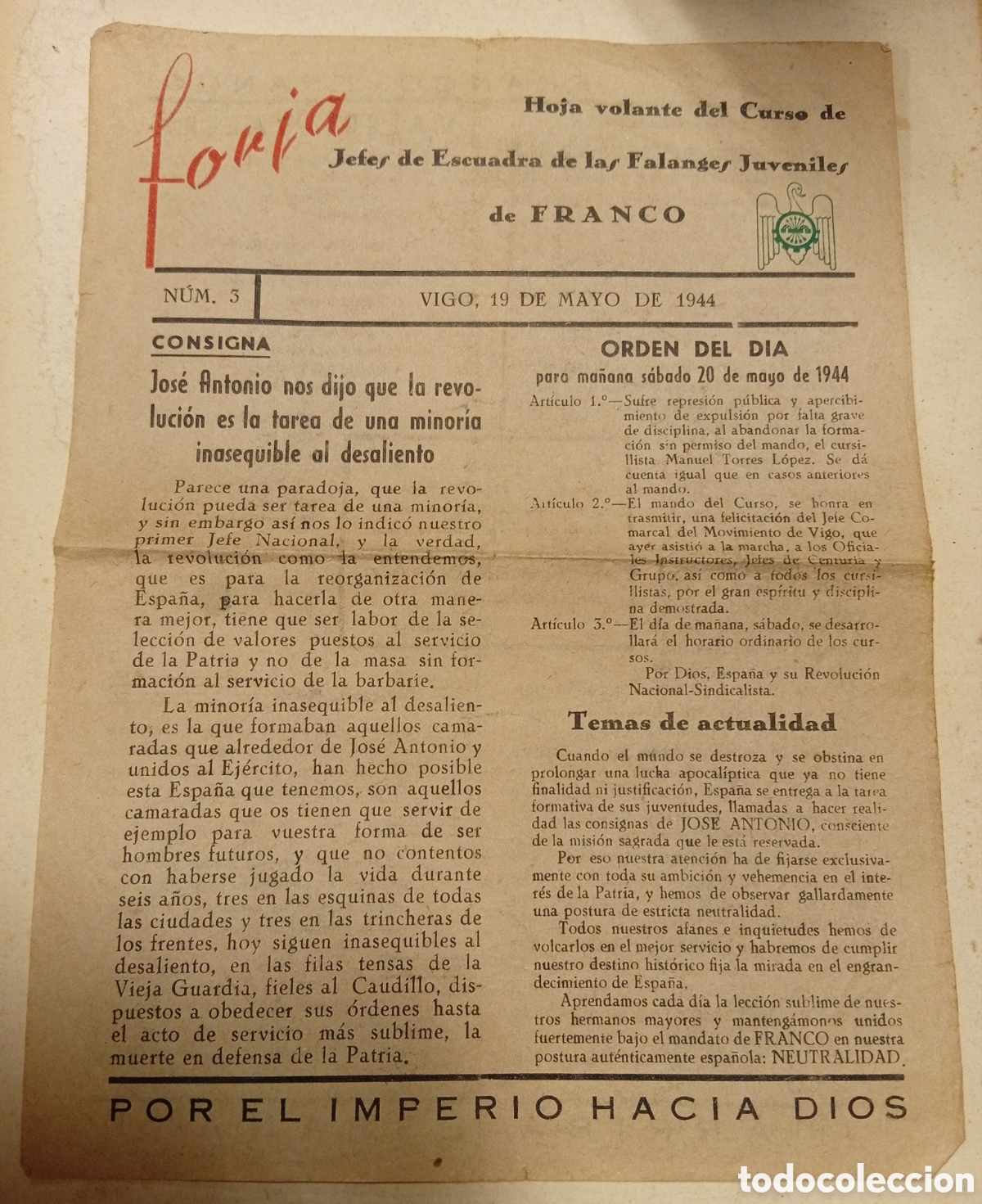 Otros Art&iacute;culos de Coleccionismo en Papel: a&ntilde;o1944 Lote 4 hojas de volante curso de jefes de escuadra de las falanges juveniles de FRANCO