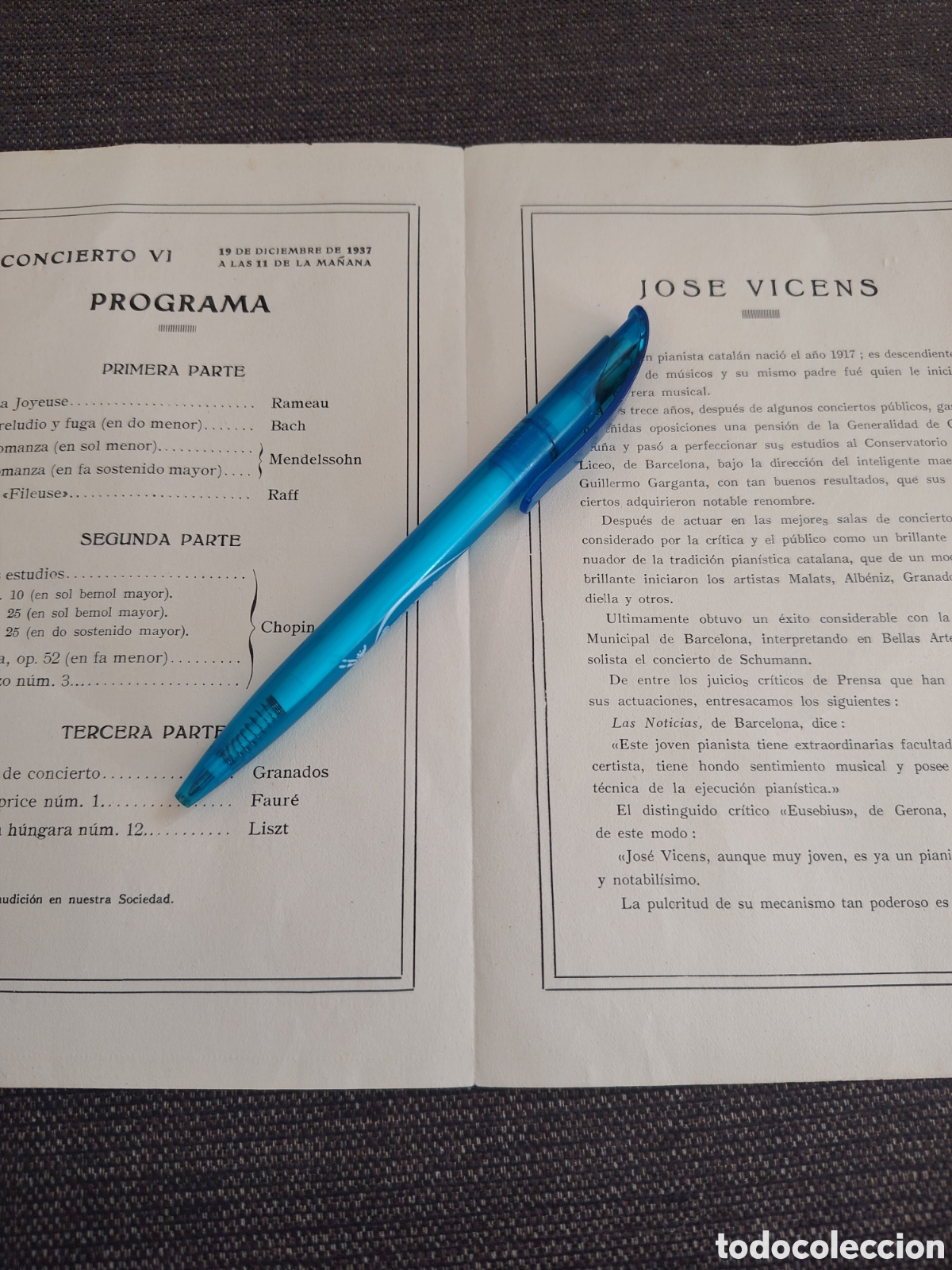 Otros art&iacute;culos de coleccionismo en papel: Programa Filarm&oacute;nica de Valencia. Jose Vicens. 1937 - Foto 2