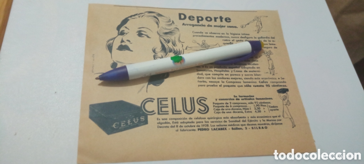 Sammelleidenschaft Andere Papierartikel: Recorte 1934 - Publicidad Antigua Compresas CELUS - Deporte y Salud - Pedro Lacabex Bilbao