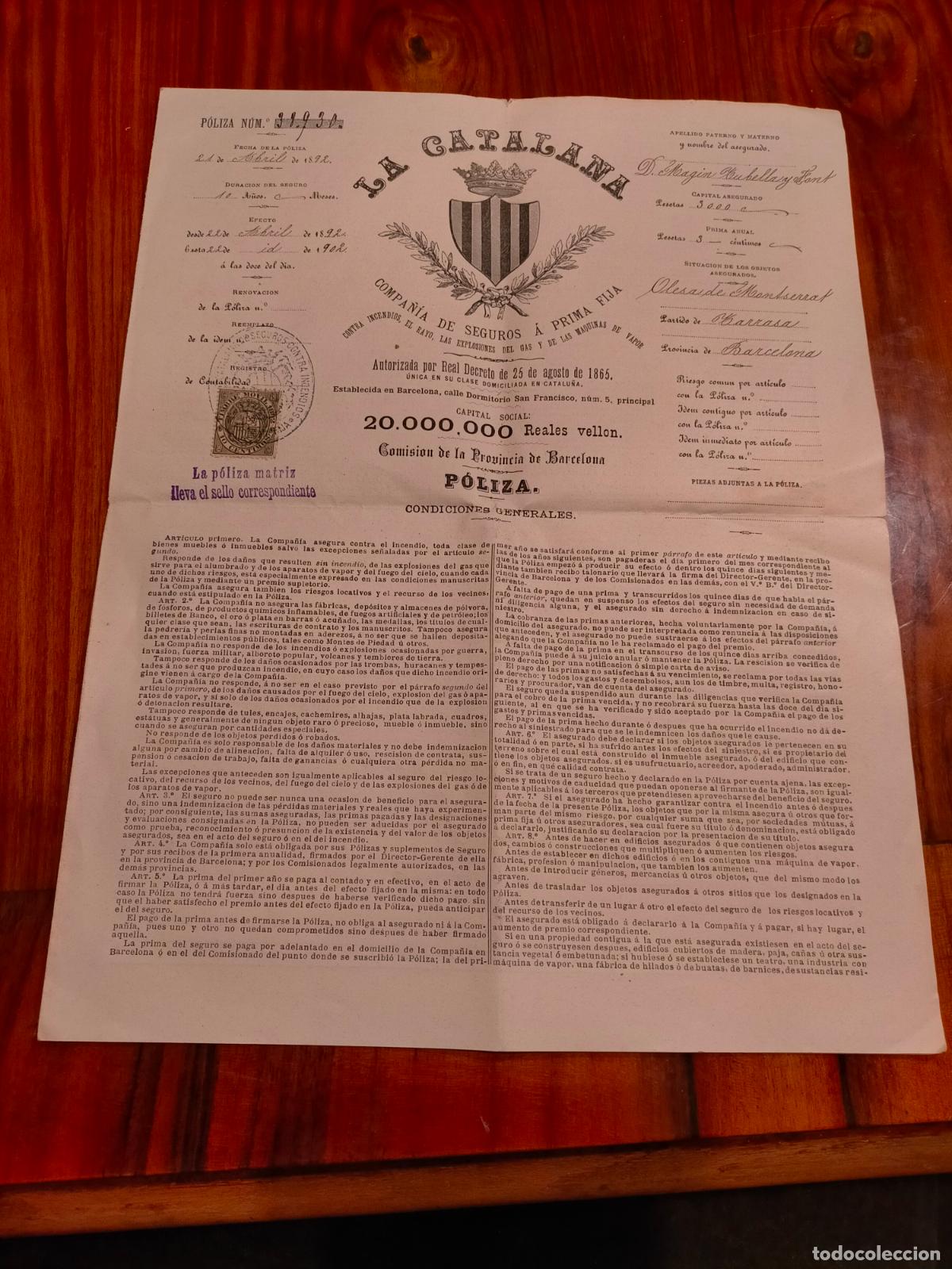 Otros Art&iacute;culos de Coleccionismo en Papel: Antiguo documento Olesa de Montserrat p&oacute;liza contrato La Catalana 1902 Olesa de Montserrat Tarrasa