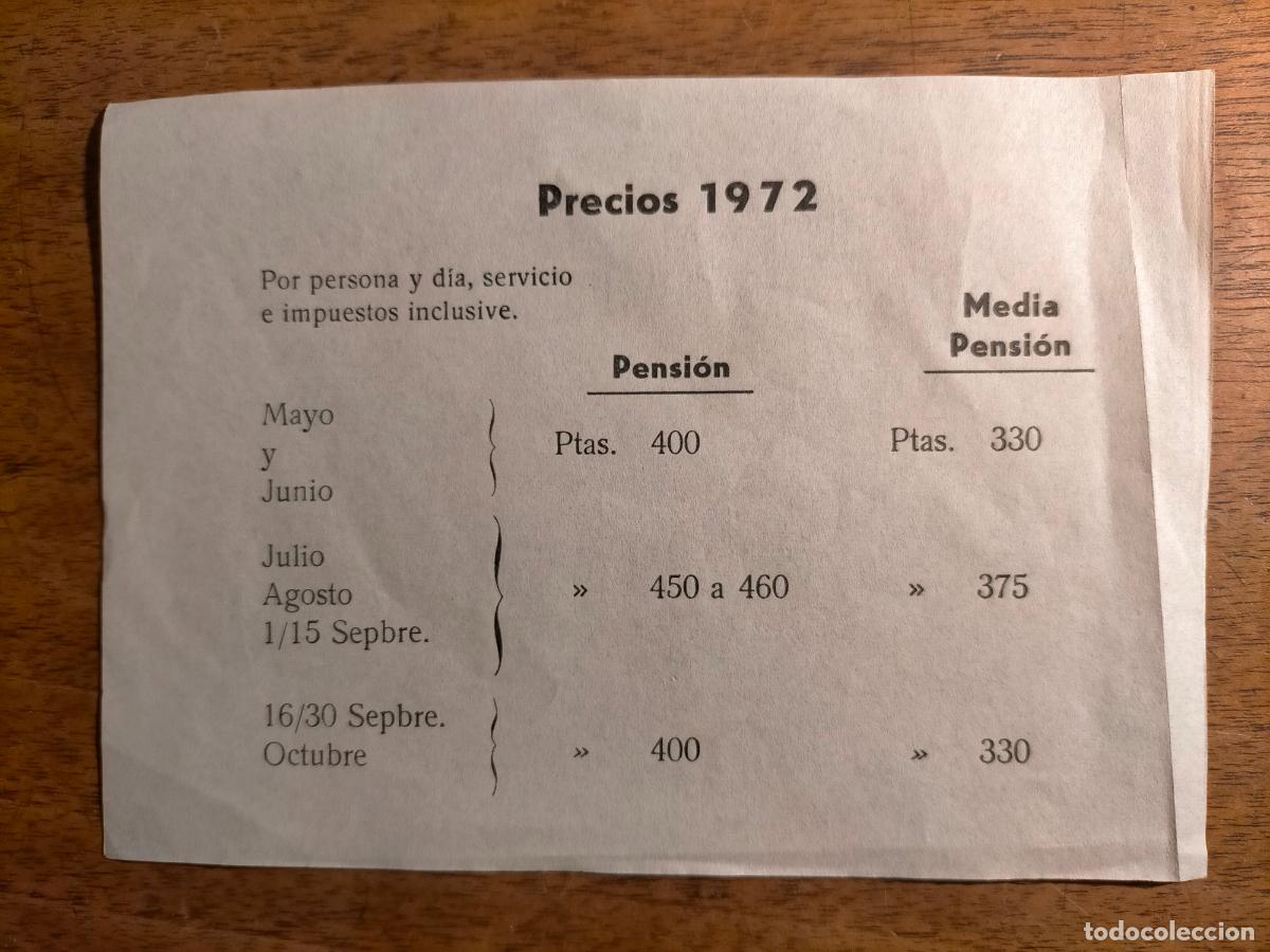 Altri oggetti di carta: Hoja de precios 1972 por persona y d&iacute;a pensi&oacute;n media pensi&oacute;n