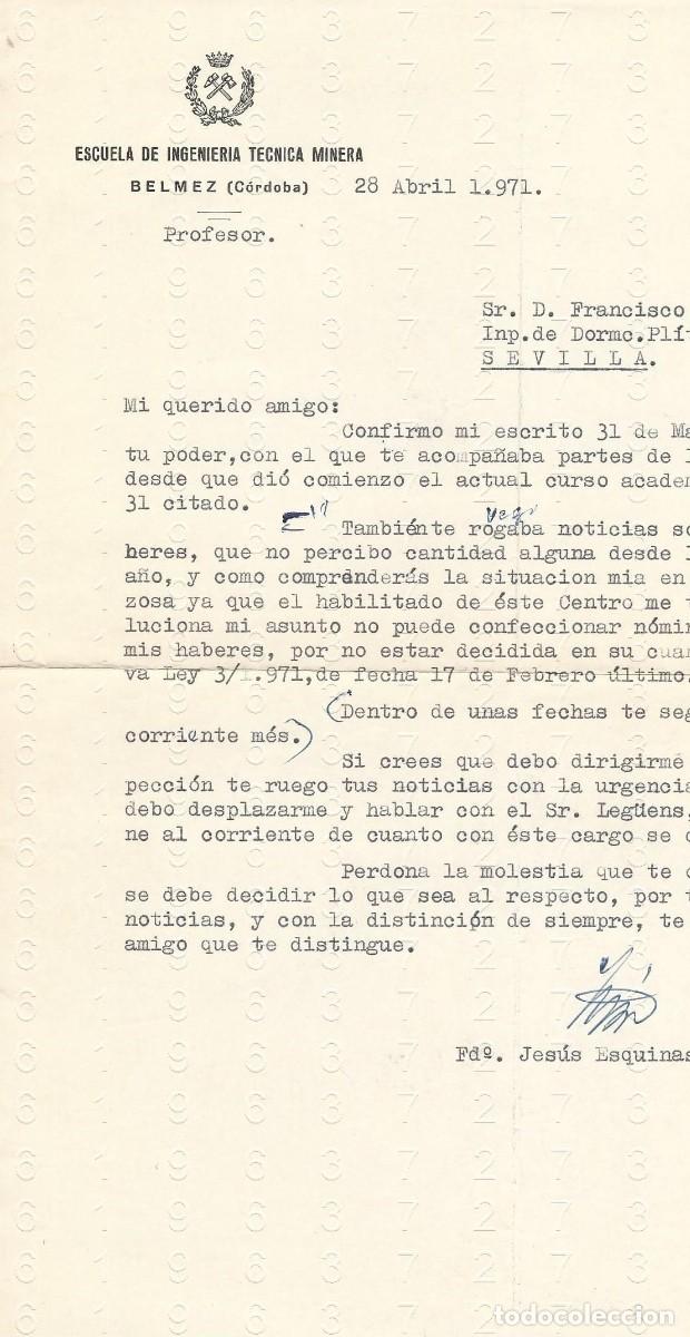 Otros Art&iacute;culos de Coleccionismo en Papel: BELMEZ CORDOBA ESCUELA INGENIERIA TECNICA MINERA CARTA 1971 JESUS ESQUINAS F46