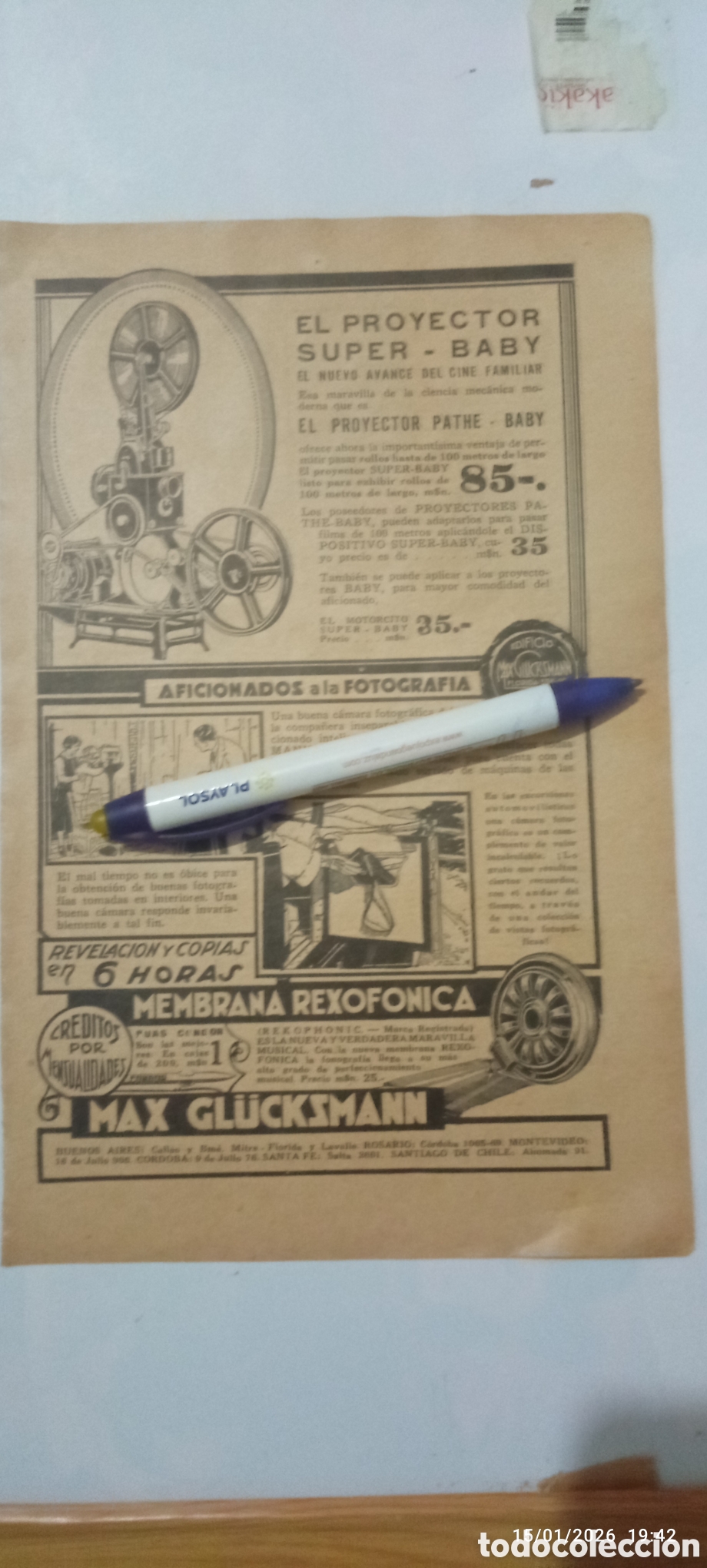 Collectionnisme Papier divers: RECORTE 1927 PUBLICIDAD PROYECTOR CINE SUPER-BABY MAX GL&Uuml;CKSMANN
