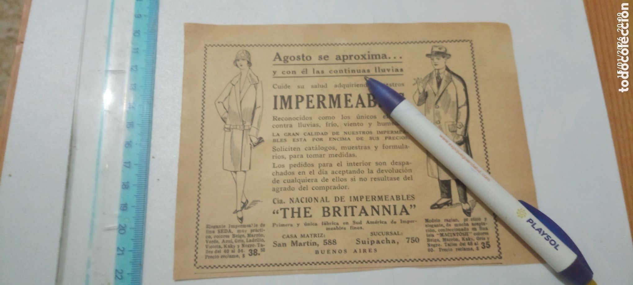 Collectionnisme Papier divers: RECORTE 1927 PUBLICIDAD IMPERMEABLES THE BRITANNIA MODA VINTAGE