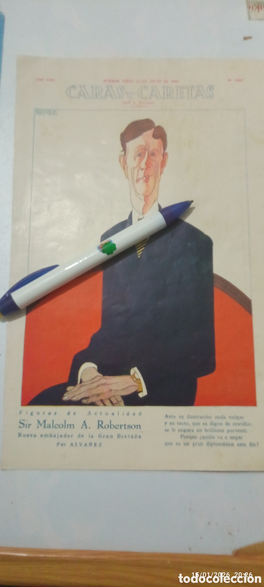 Collectionnisme Papier divers: RECORTE 1927 - CARAS Y CARETAS - SIR MALCOLM A. ROBERTSON POR ALVAREZ