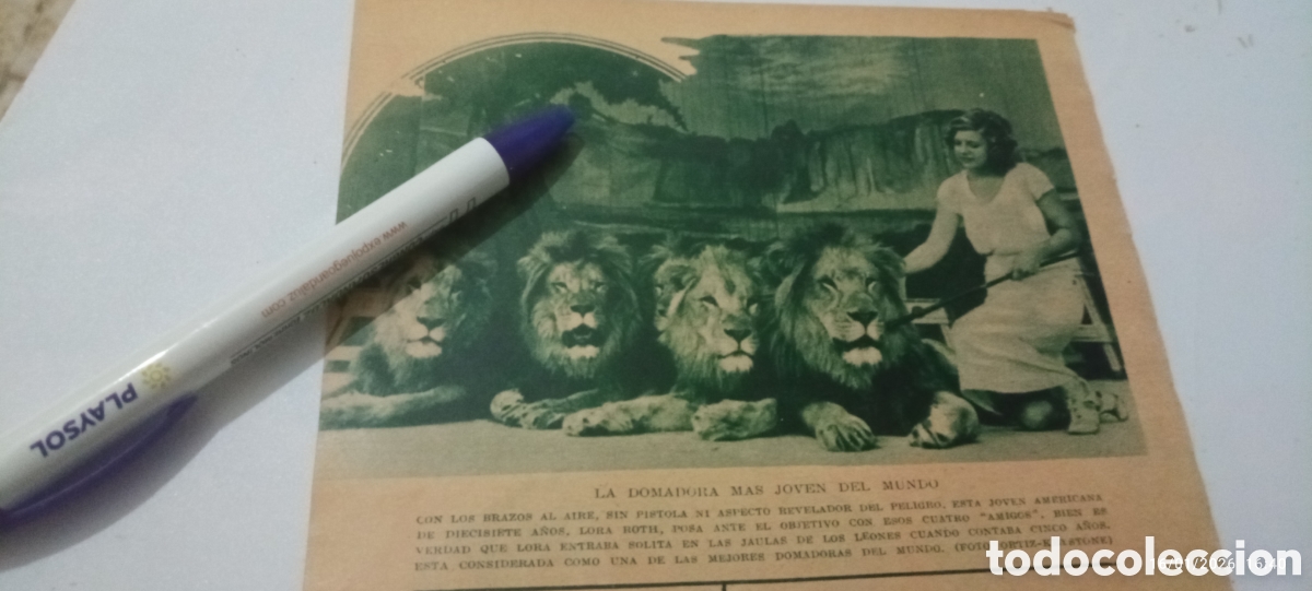 Collectionnisme Papier divers: RECORTE 1933 FOTOGRAF&Iacute;A LORA ROTH LA DOMADORA M&Aacute;S JOVEN DEL MUNDO CON LEONES