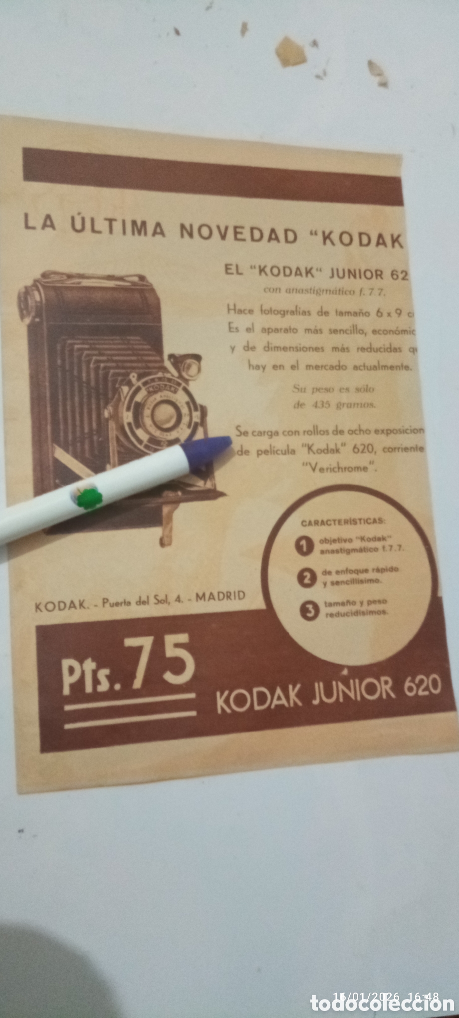 Collectionnisme Papier divers: RECORTE 1933 PUBLICIDAD C&Aacute;MARA KODAK JUNIOR 620 PUERTA DEL SOL MADRID ESPA&Ntilde;A