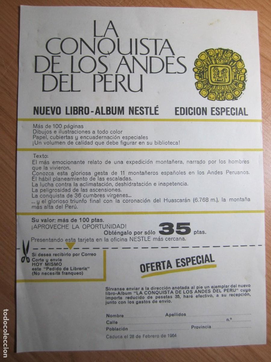 Otros Art&iacute;culos de Coleccionismo en Papel: hoja pedido libreria nestle la conquista de los andes del peru