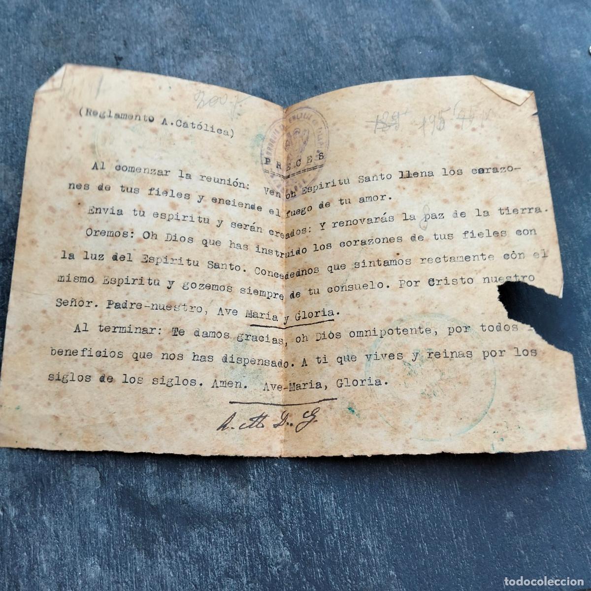 Altri oggetti di carta: Reglamento A Cat&oacute;lica preces al comenzar la reunion ave maria gloria se&ntilde;or padre nuestro a&ntilde;os 40-50