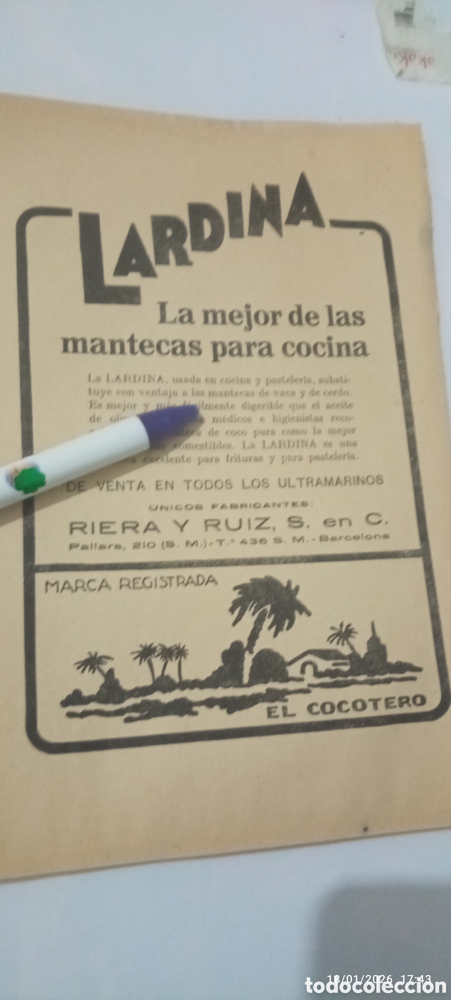 Sammelleidenschaft Andere Papierartikel: RECORTE A&Ntilde;OS 20 PUBLICIDAD ANTIGUA LARDINA MANTECA PARA COCINA RIERA Y RUIZ