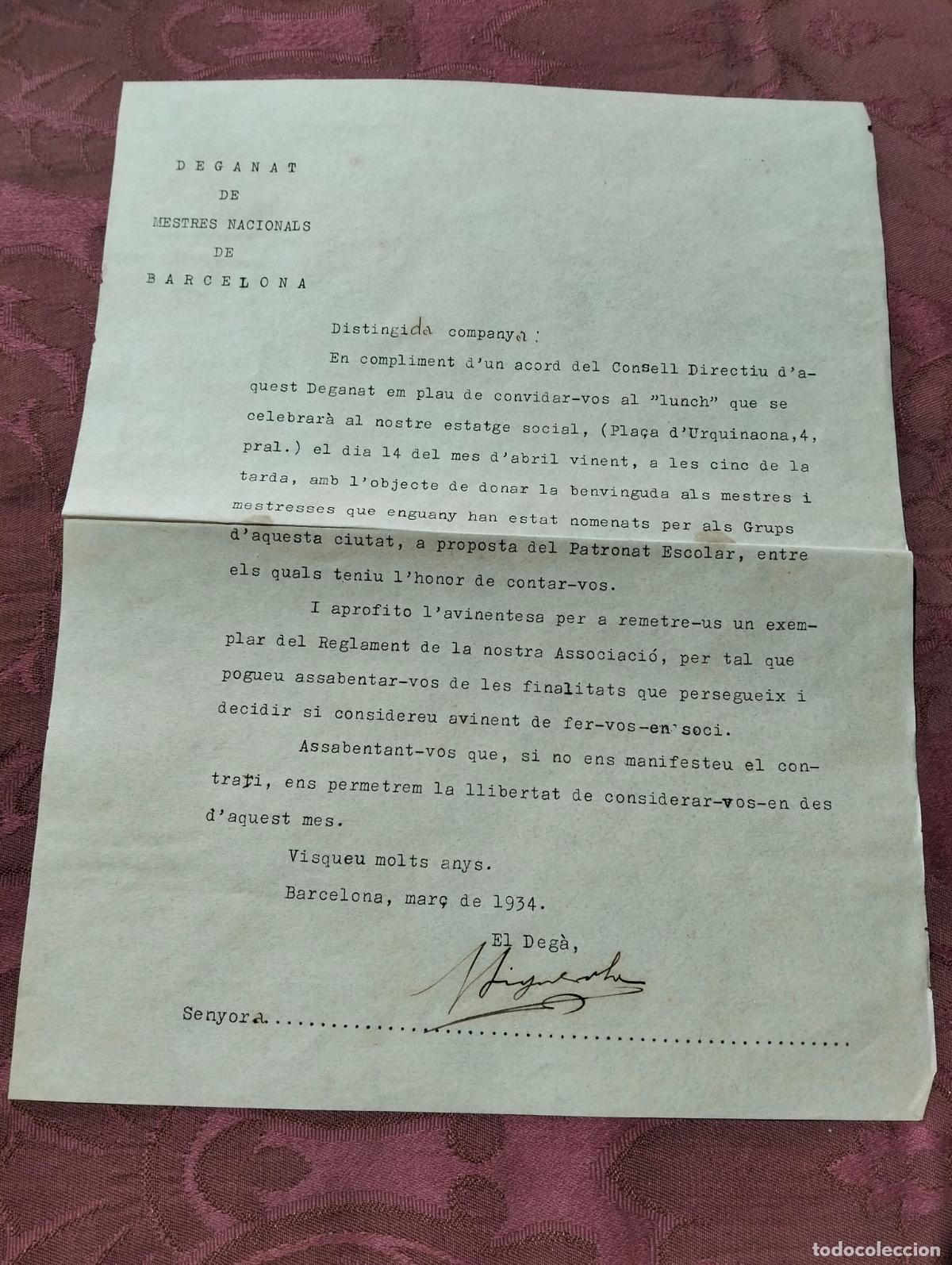 Paper Collecting Others: Deganat de mestres nacionals de Barcelona convit al lunch patronat escolar 1934 anys 30