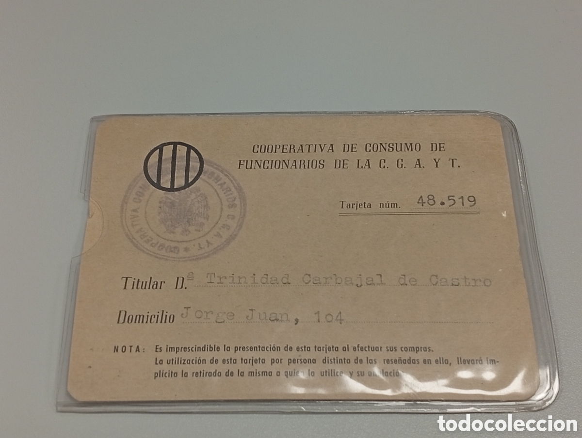 Otros Art&iacute;culos de Coleccionismo en Papel: Carnet cooperativa de consumo funcionarios de la cgayt. Post guerra civil.epoca francoadministraci&oacute;n