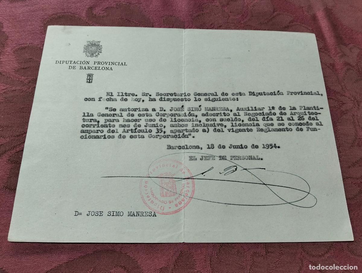 Outros artigos de papel: Diputaci&oacute;n provincial de Barcelona autorizaci&oacute;n licencia 1954 a&ntilde;os 50