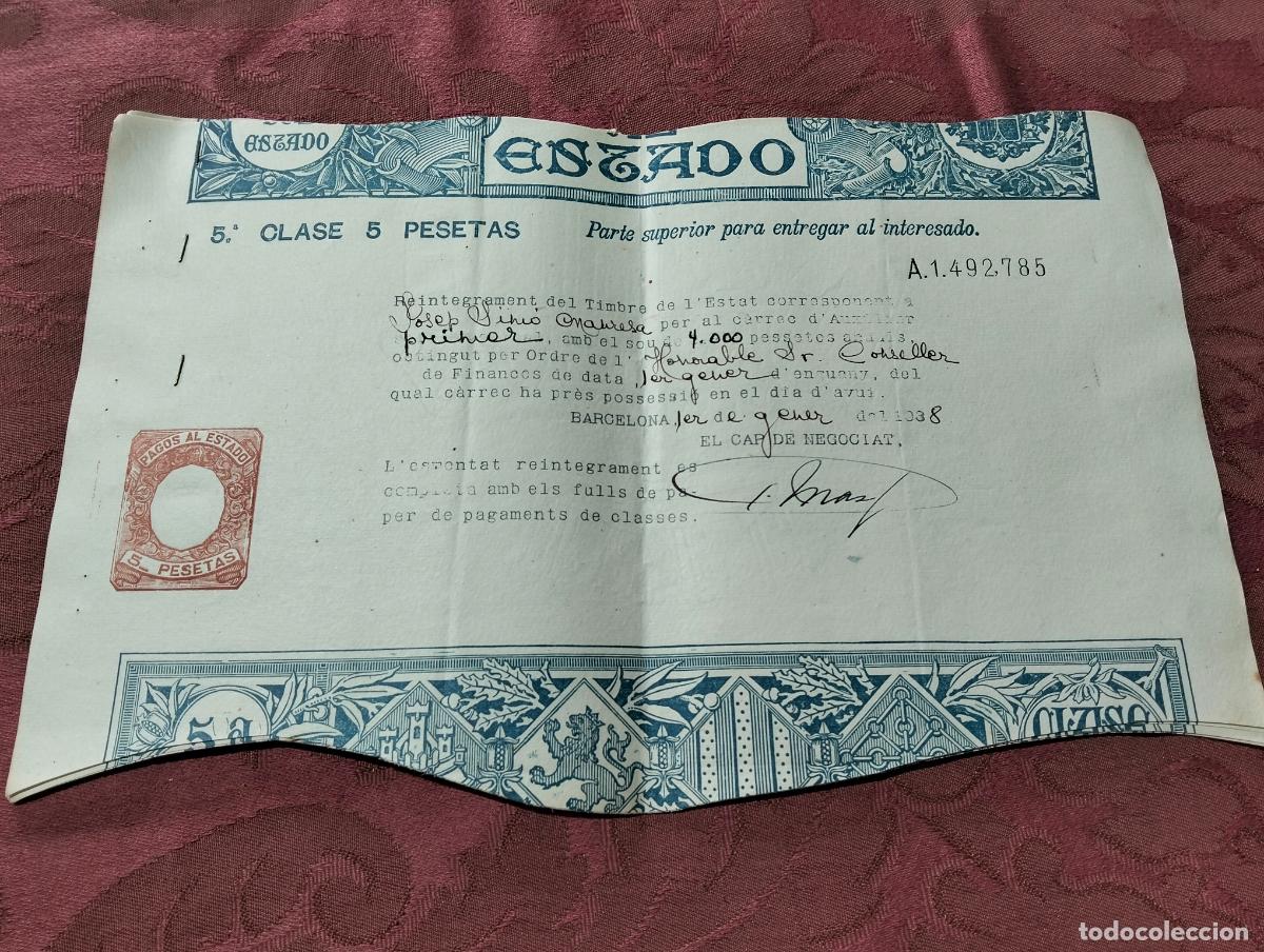 Paper Collecting Others: Diputaci&oacute;n provincial Barcelona pago sueldo funcionario reintegro Timbre del estado 1938 a&ntilde;os 30