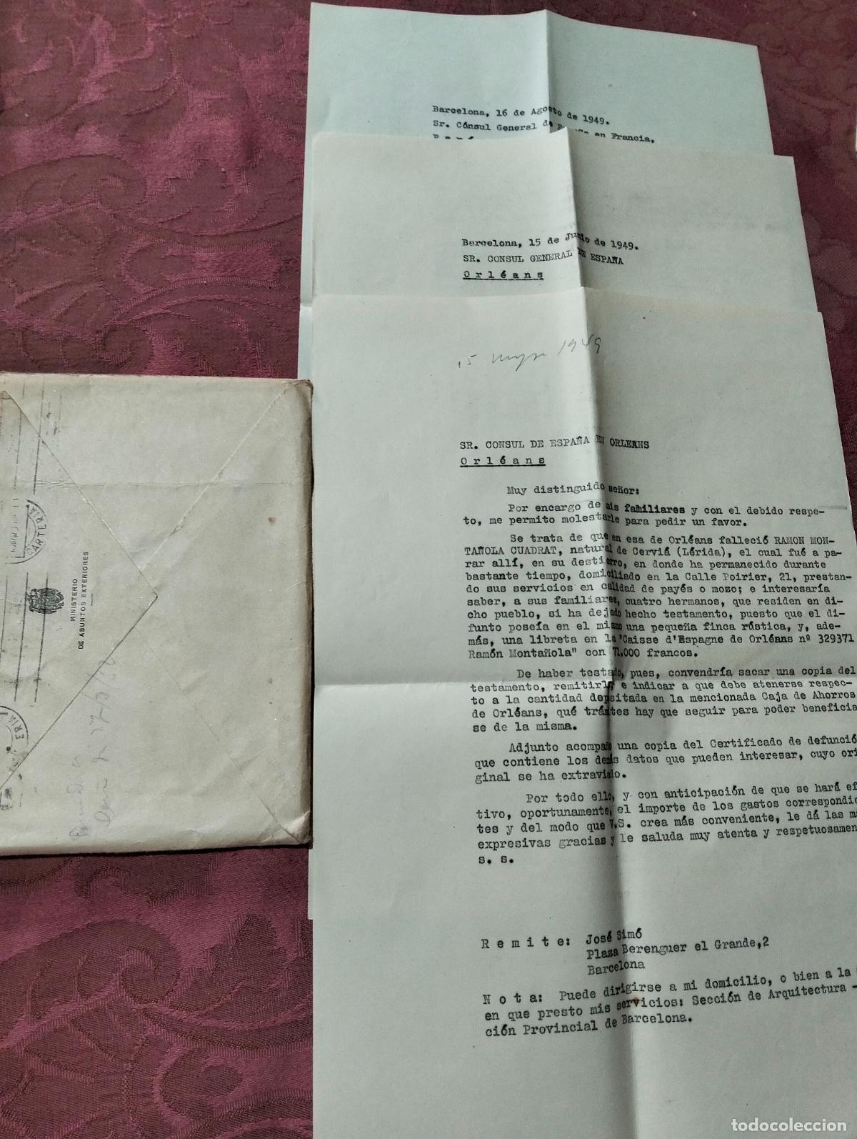 Outros artigos de papel: Lote cartas ministerio de asuntos exteriores consul de Espa&ntilde;a en Orleans Cervi&aacute; destierro herencia