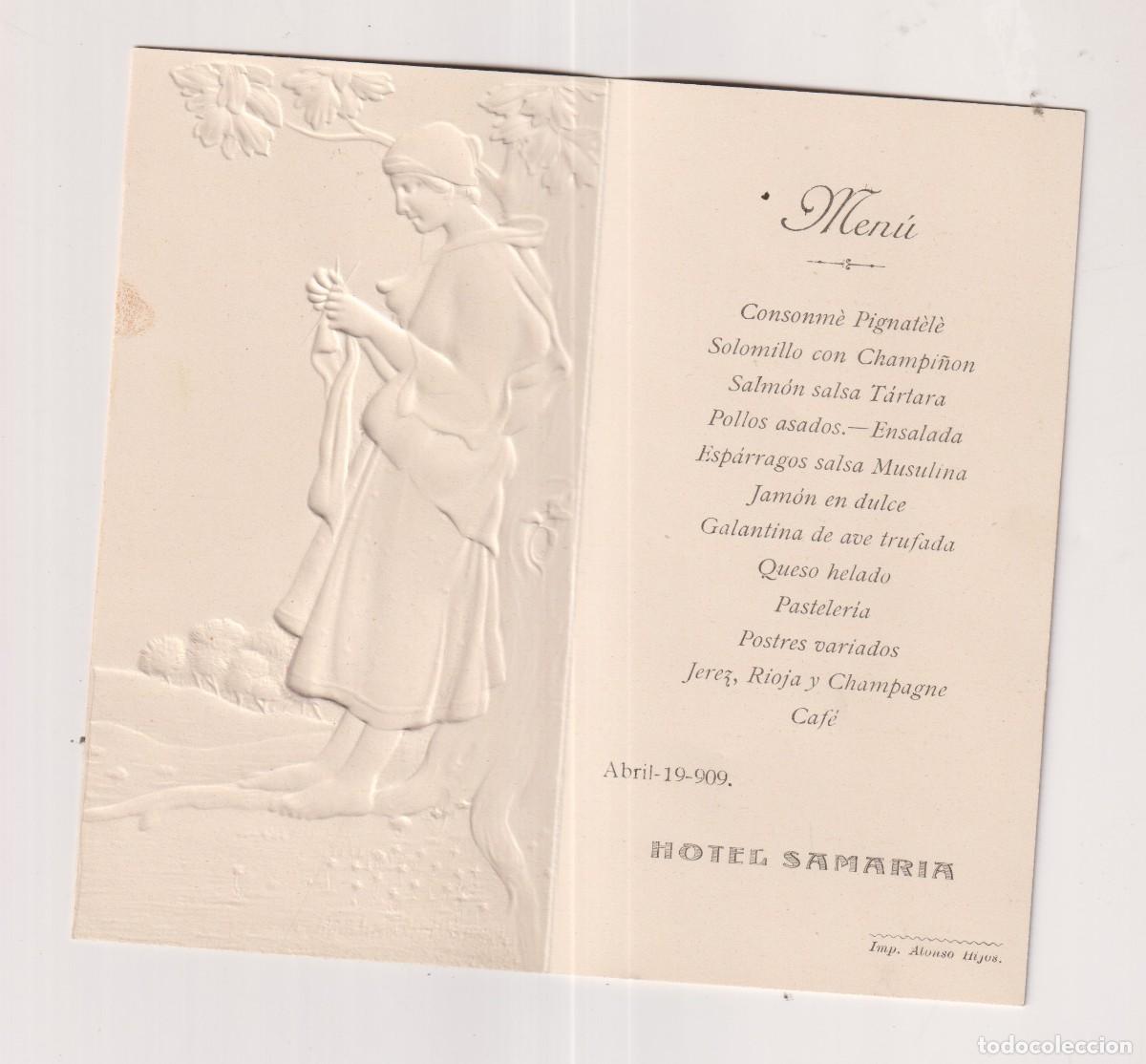 Otros art&iacute;culos de coleccionismo en papel: Precioso men&uacute; con relieve Hotel Samaria abril de 1909