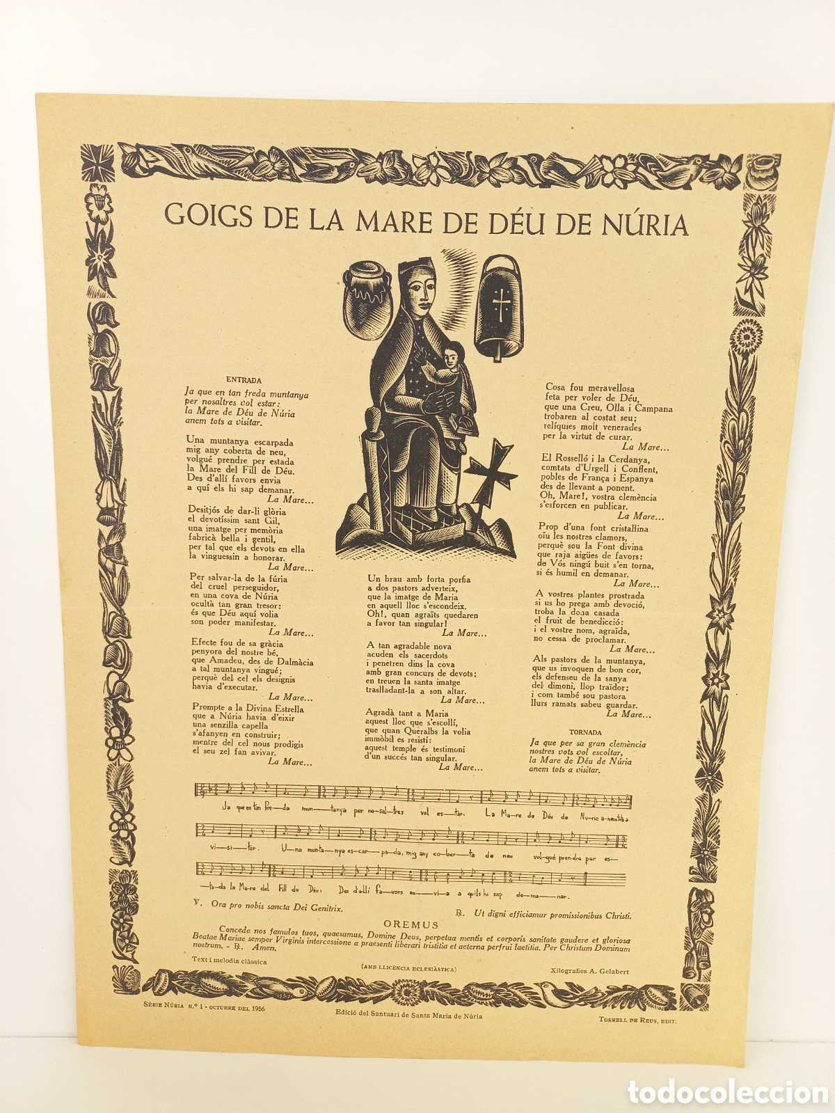 Otros Art&iacute;culos de Coleccionismo en Papel: Goigs de la Mare de D&eacute;u de N&uacute;ria. Torrell de Reus, Serie Nuria 1. 1956.