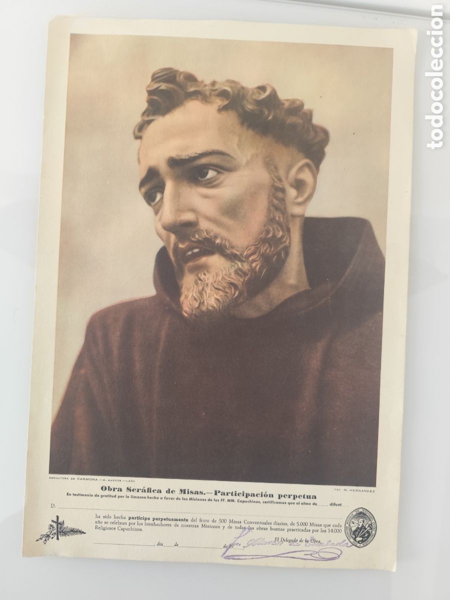 Otros Art&iacute;culos de Coleccionismo en Papel: ANTIGUA PARTICIPACION PERPETUA OBRA SERAFICA DE MISAS MISIONES FF.MM. CAPUCHINOS.ESCULTURA CARMONA