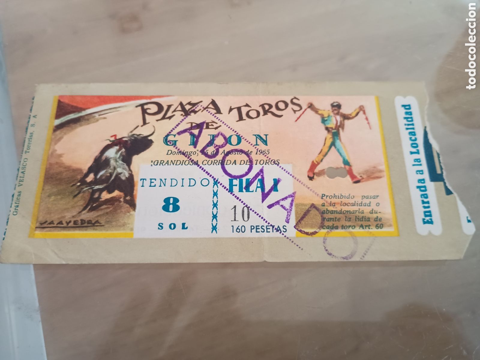 Otros Art&iacute;culos de Coleccionismo en Papel: CR entrada plaza de toros de Gij&oacute;n. Gr&aacute;ficas Velasco Torer&iacute;as. Abonado