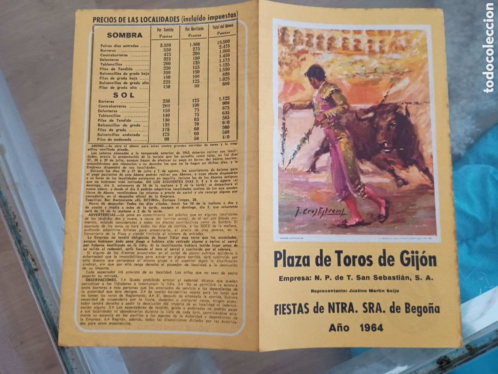 Otros Art&iacute;culos de Coleccionismo en Papel: 1.3 Programa Plaza de toros de Gij&oacute;n. Fiestas Ntra Sra de Bego&ntilde;a. A&ntilde;o 1964. Feria Taurina El Bibio