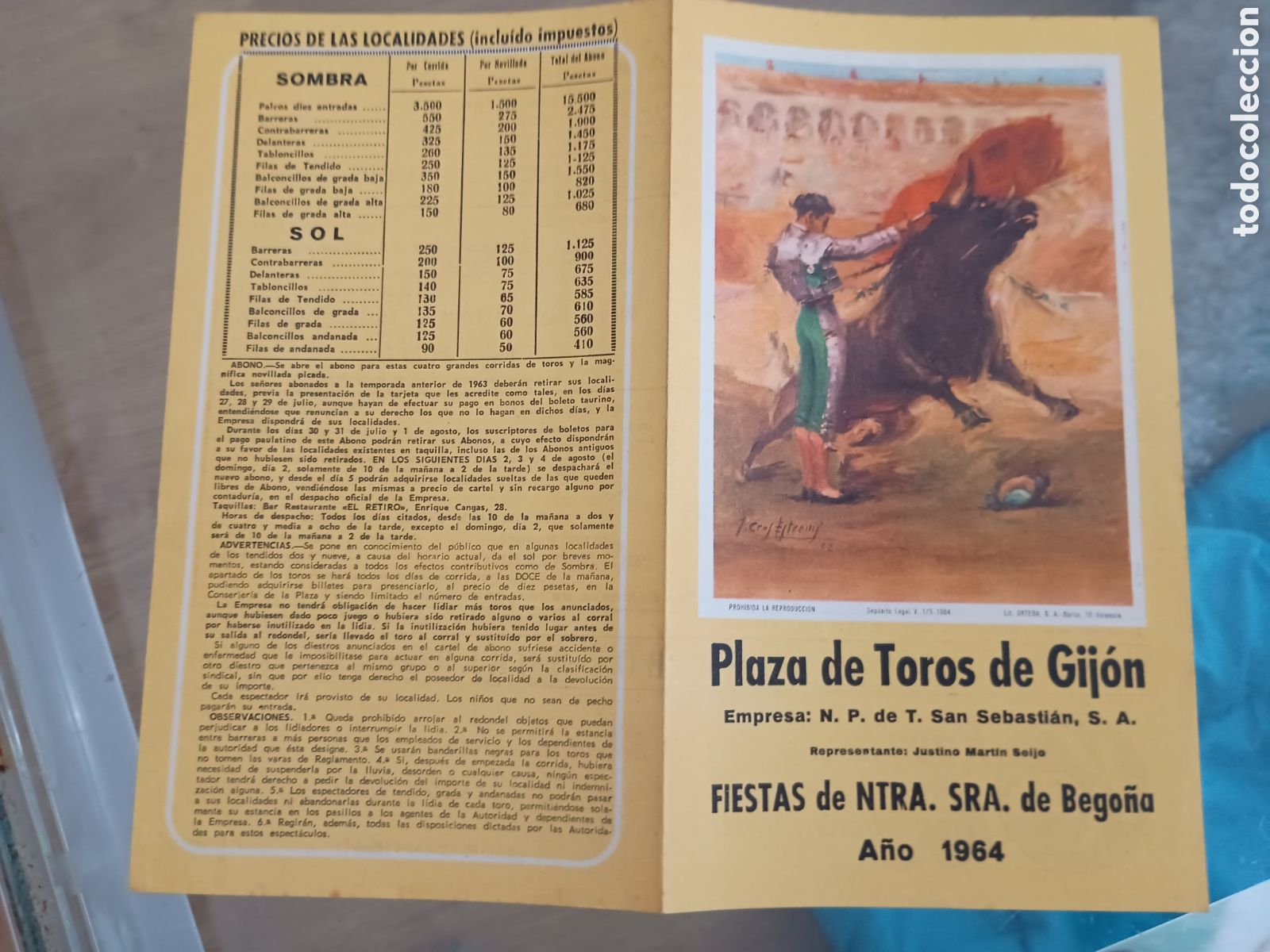 Otros Art&iacute;culos de Coleccionismo en Papel: 1.3 Programa Plaza de toros de Gij&oacute;n. Fiestas Ntra Sra de Bego&ntilde;a. A&ntilde;o 1964. Feria Taurina El Bibio