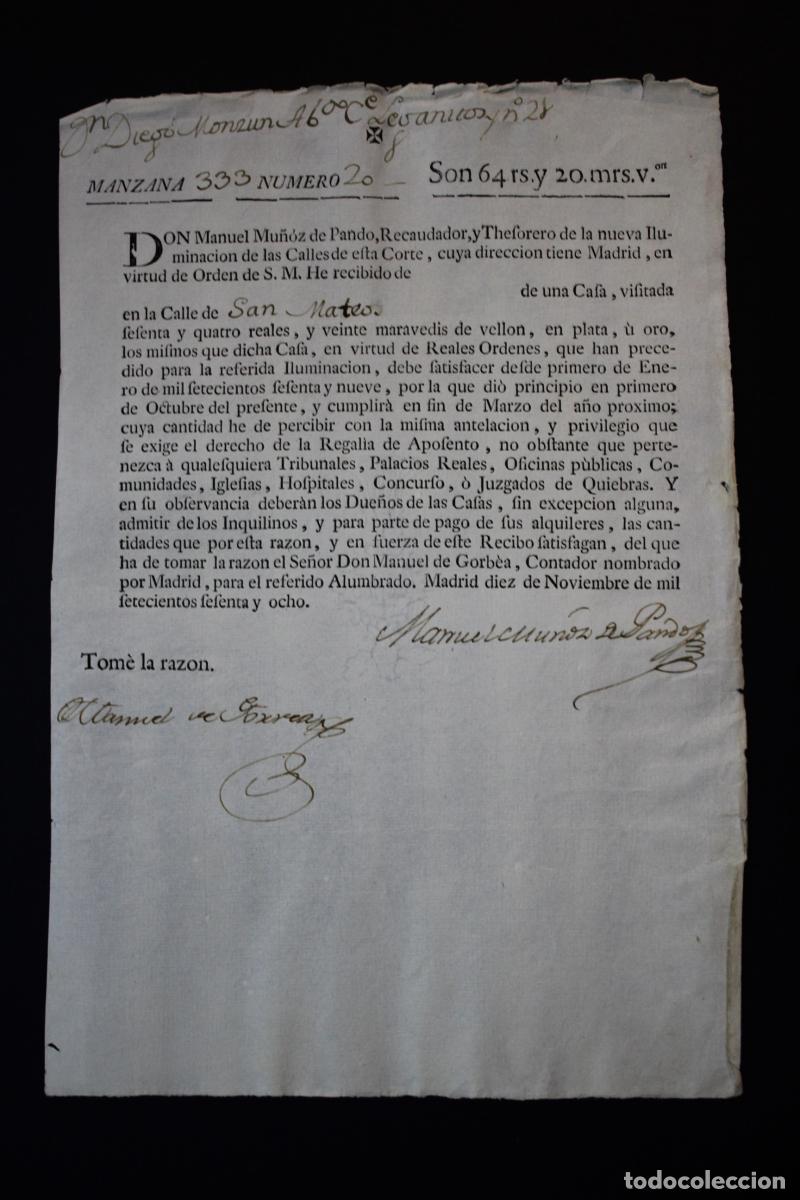 Outros artigos de papel: Recibo de carta de pago de recaudaci&oacute;n de la nueva iluminaci&oacute;n de las calles de Madrid. 1768 -