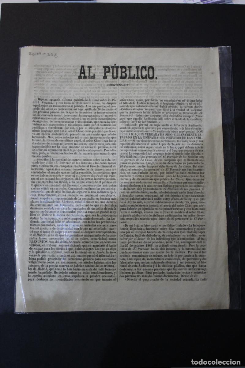 Sammelleidenschaft Andere Papierartikel: Al P&uacute;blico. Bajo el ep&iacute;grafe &rdquo;Ultima palabra de E.Chao sobre D. Pedro J. Vergara, y con fecha de 10