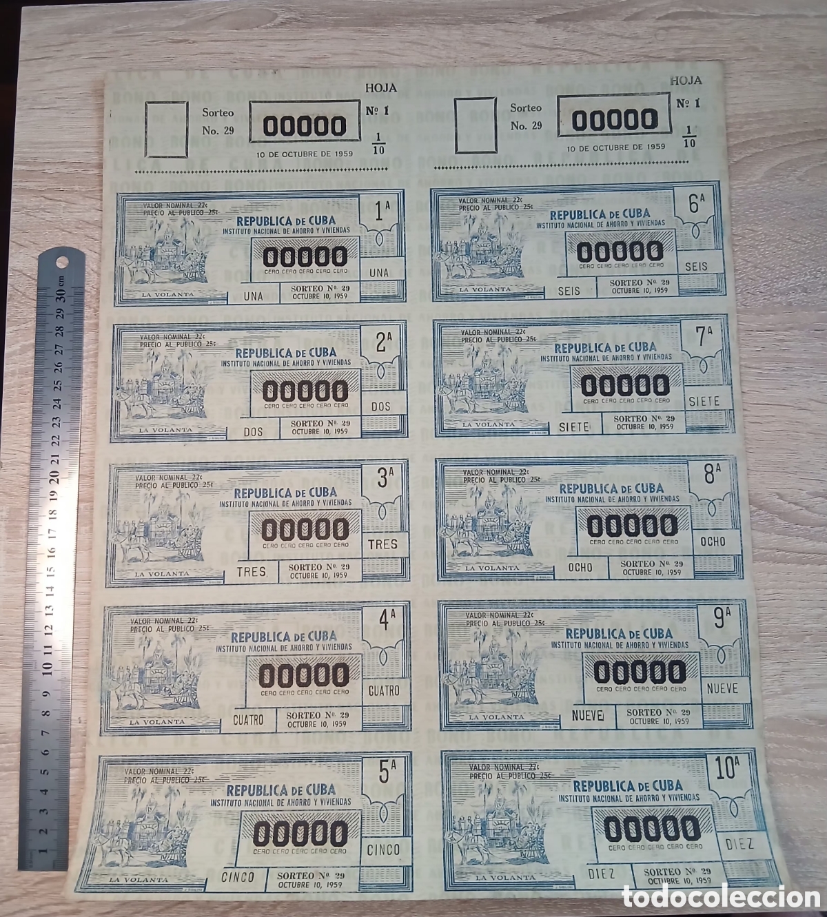 Otros Art&iacute;culos de Coleccionismo en Papel: Cuba Hoja de Loter&iacute;a 1 de 10 de 1959