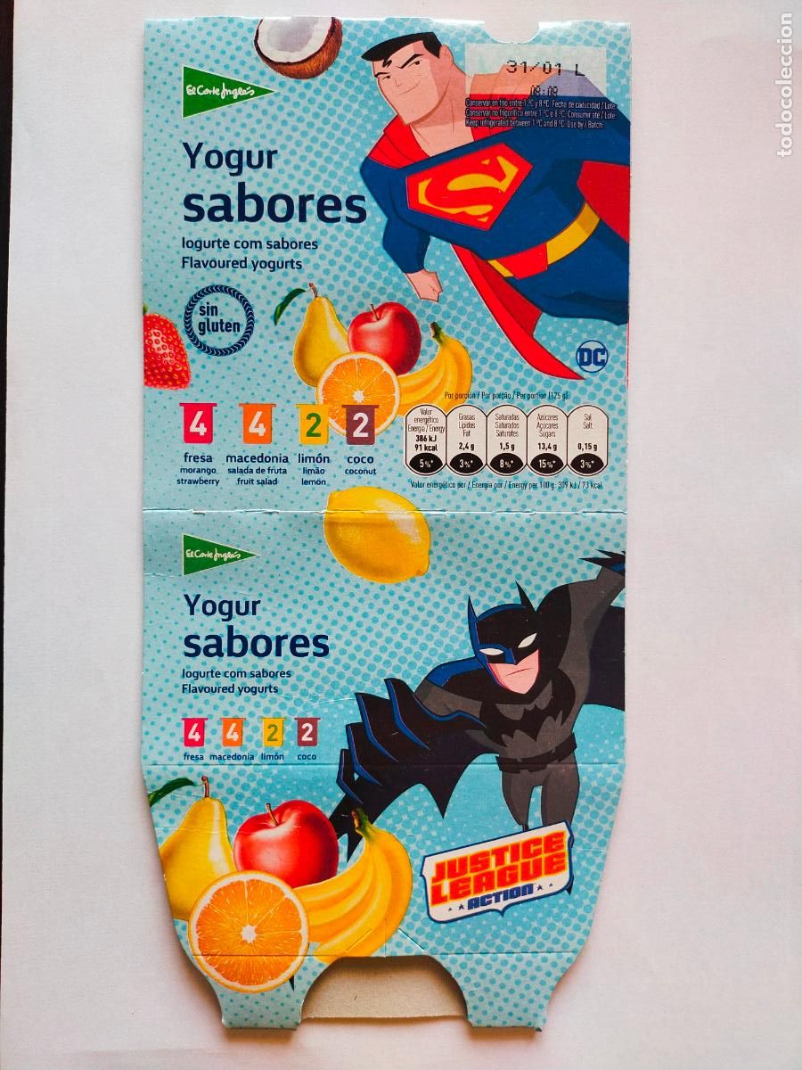 Collectionnisme Papier divers: JUSTICE LEAGUE ACTION - BATMAN - SUPERMAN - EMBALAJE CARTON YOGUR/YOGOURT EL CORTE INGLES SABORES