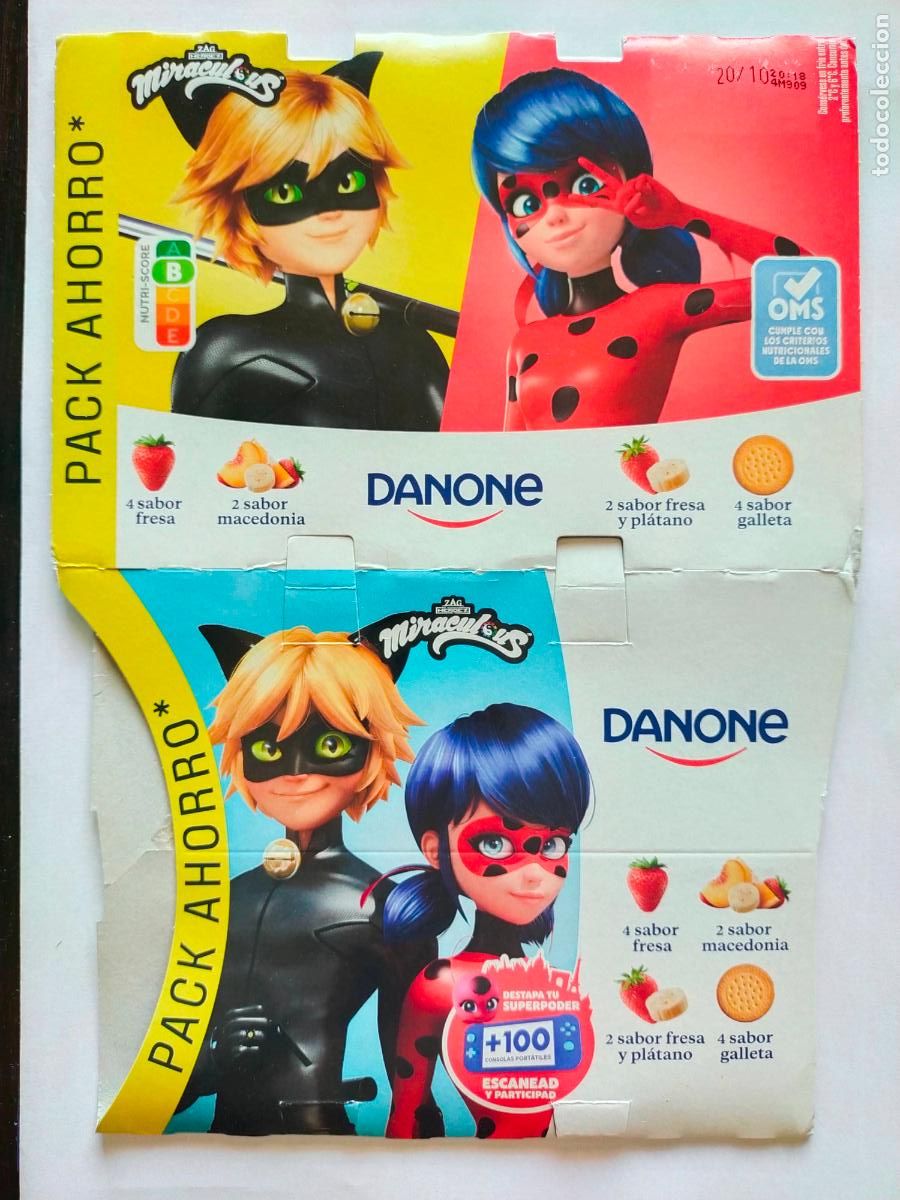 Sammelleidenschaft Andere Papierartikel: MIRACULOUS-LADYBUG - CHAT NOIR - EMBALAJE CARTON YOGUR/YOGOURT DANONE SABORES