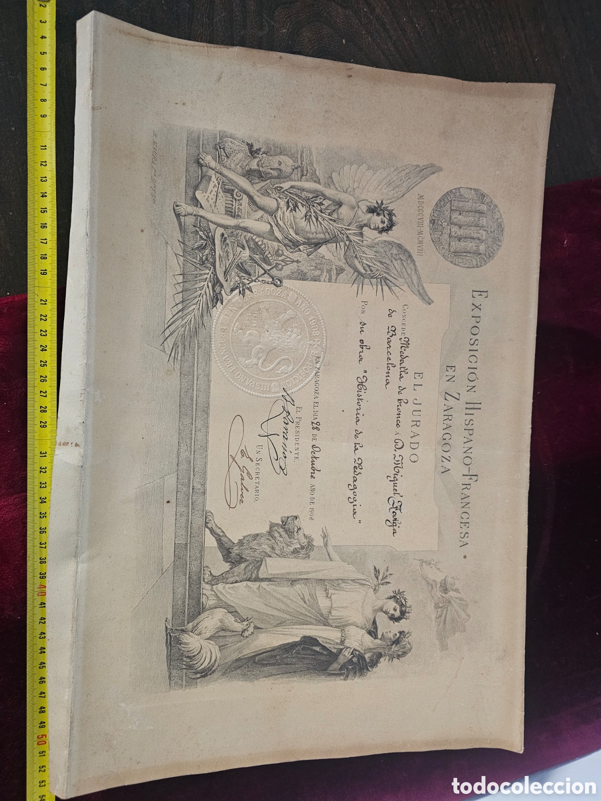 Otros Art&iacute;culos de Coleccionismo en Papel: Diploma de 1908 a Miquel Farga, Barcelona Exposici&oacute;n Hispano Francesa Zaragoza