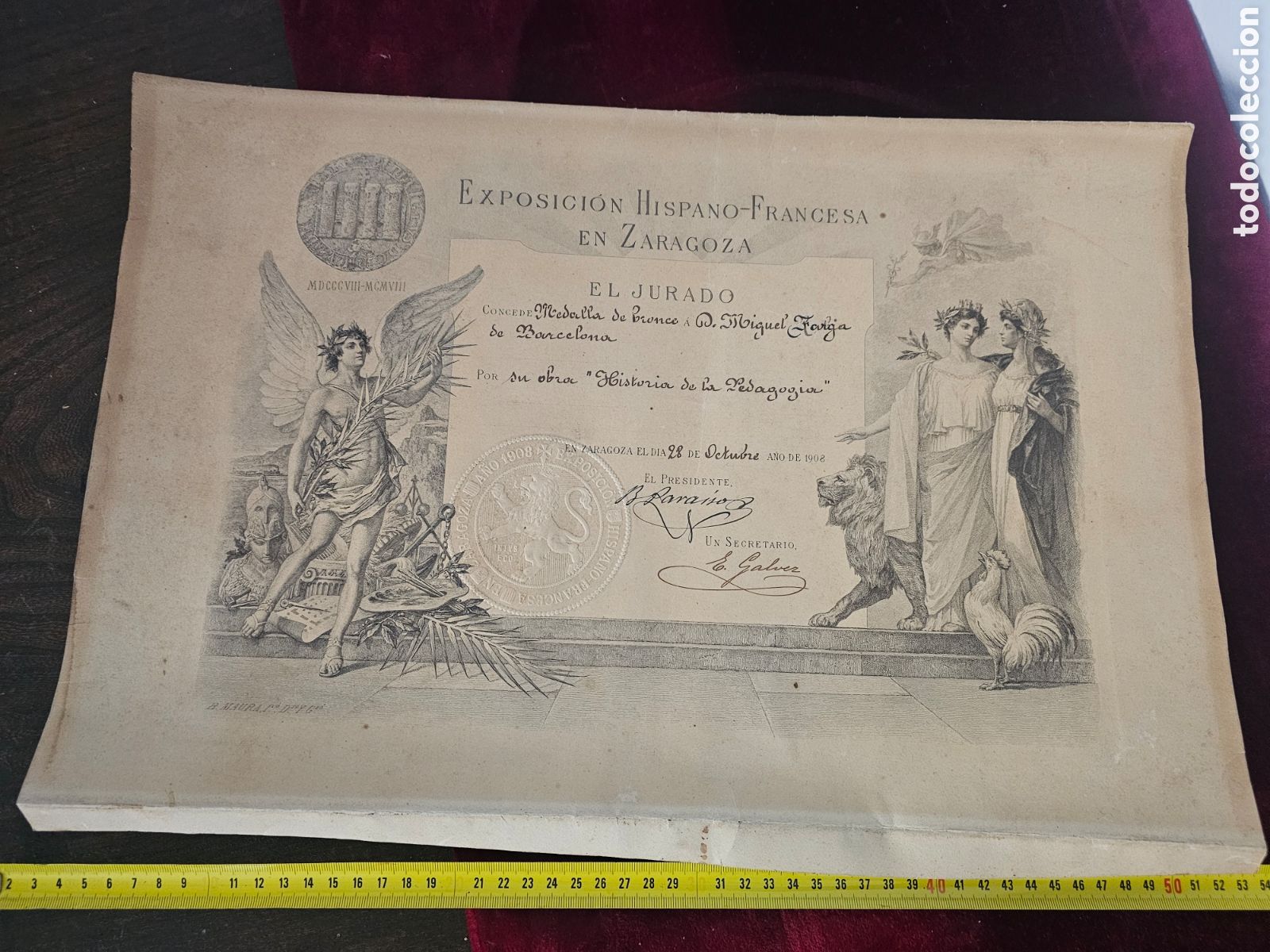 Otros Art&iacute;culos de Coleccionismo en Papel: Diploma de 1908 a Miquel Farga, Barcelona Exposici&oacute;n Hispano Francesa Zaragoza